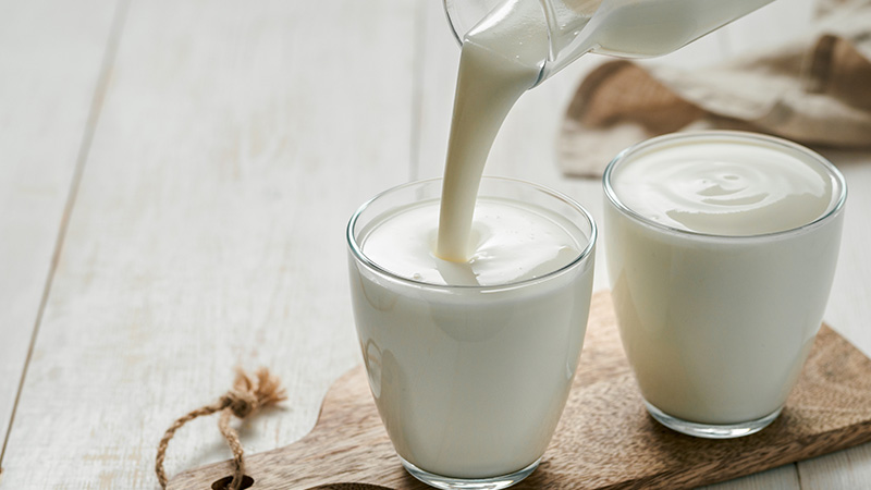 Pouring glasses of milk.