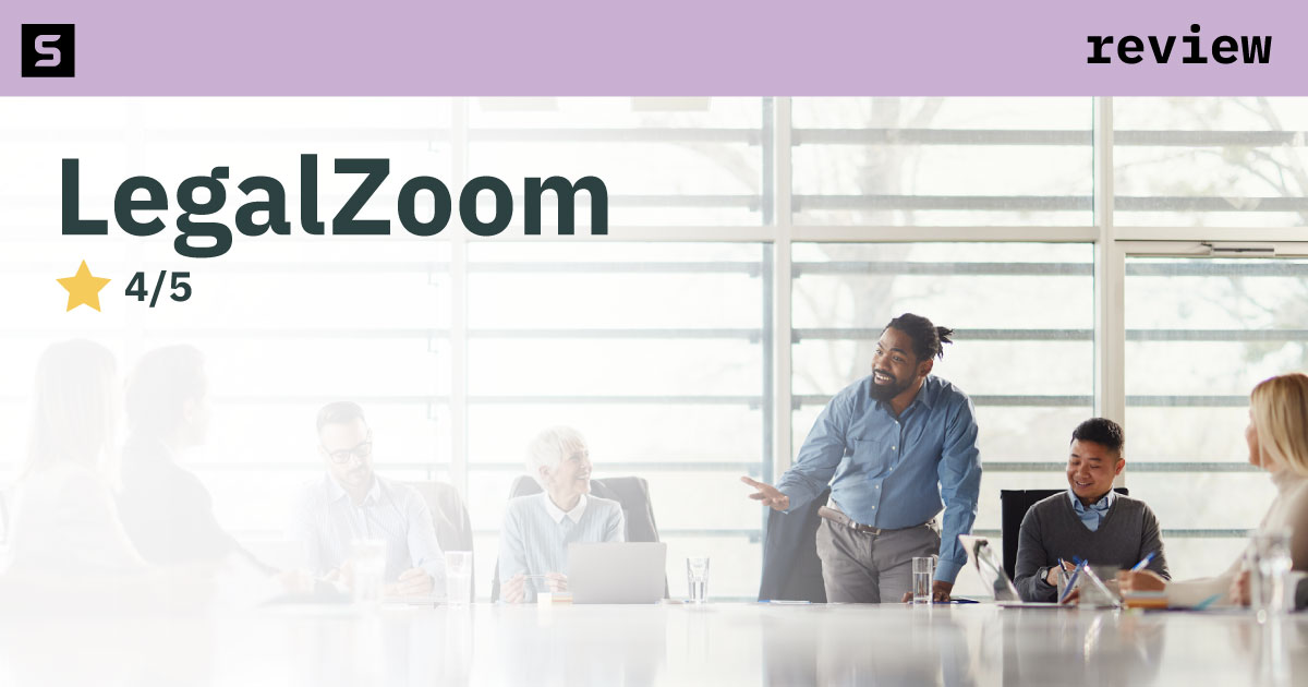 Businessman smiling and pointing at LegalZoom logo next to 3.6 star rating.