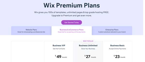Wix plans and pricing.