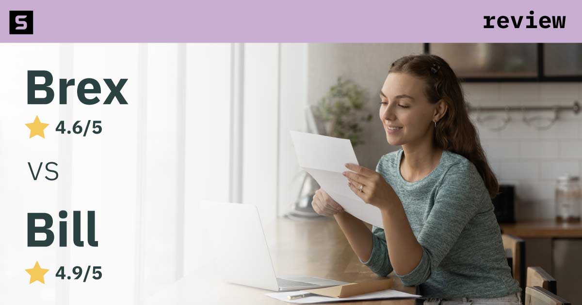 Woman comparing BILL versus Brex ratings.