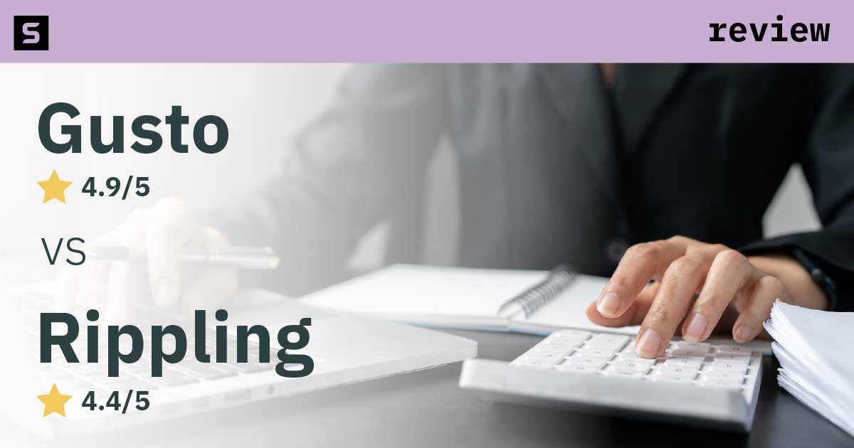 Woman standing in office with ratings of Gusto and Rippling on the left.