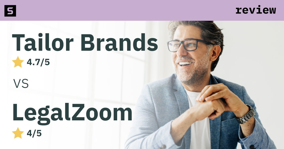 Woman gesturing to four point five star Tailor Brands and three point four star LegalZoom.