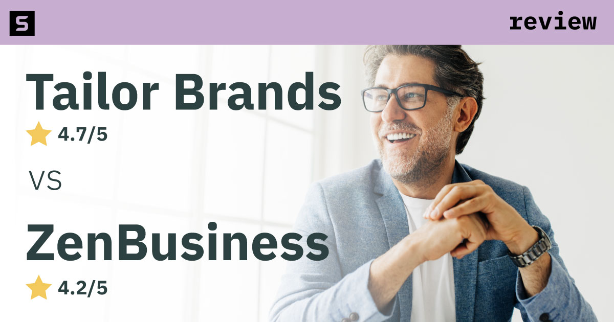 Woman gesturing to four point five star Tailor Brands and four point two star ZenBusiness.