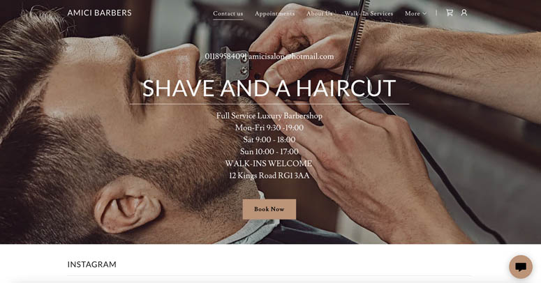 GoDaddy website example, Amici Barbers.
